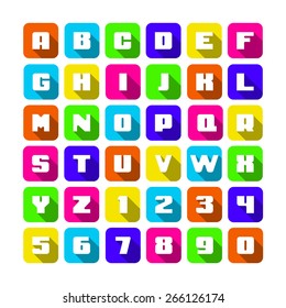 Flat alphabet rounded with shadow. Isolated on white. Vector illustration