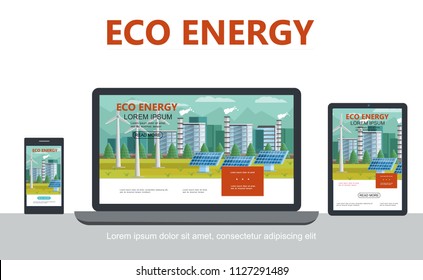 Flat alternative eco energy concept with windmills ecological factory solar panels adaptive for tablet mobile laptop design isolated vector illustration