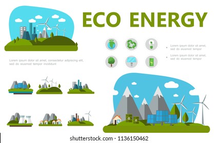 Flat alternative energy concept with planet recycle sign bulb tree solar panels battery windmills eco factory and houses vector illustration