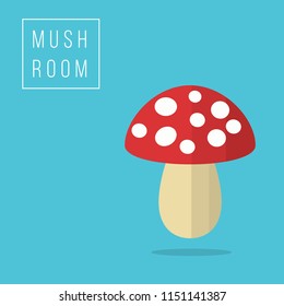 Flat Amanita muscaria (fly agaric) mushroom icon on blue background. Wild forest autumn mushrooms, isolated vector illustration.