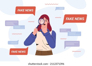 Flat Amazed Woman With Magnifying Glass Research On Fake News Spreads In Social Media. Woman Shocked From Article In Online Press With Disinformation, Falsehood And Lies. Spread Of False Information.