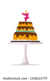 Flat amazing big birthday cake three-tier with chocolate icing decorated with glowing pink candle in shape of seven on top. Pastry isolated on white. Kids holidays. Vector cartoon illustration