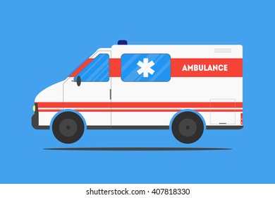Flat ambulance car isolated on blue background. Medical healthcare concept. Emergency service. Poster, card, leaflet or banner template design with place for text. Vector illustration.