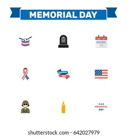 Flat American Banner, Military Man, Ribbon And Other Vector Elements. Set Of History Flat Symbols Also Includes Calendar, Military, Wax Objects.