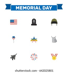 Flat American Banner, Soldier Helmet, Firecracker And Other Vector Elements. Set Of Memorial Flat Symbols Also Includes Helmet, Tag, Soldier Objects.