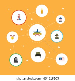 Flat American Banner, Soldier Helmet, Fire Wax And Other Vector Elements. Set Of Day Flat Symbols Also Includes Grave, Military, Medal Objects.