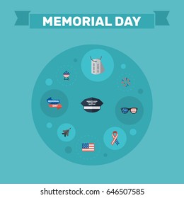 Flat American Banner, Spectacles, Barbecue And Other Vector Elements. Set Of Memorial Flat Symbols Also Includes Glasses, Army, Usa Objects.