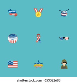 Flat American Banner, Spectacles, Memorial Day And Other Vector Elements. Set Of Memorial Flat Symbols Also Includes Ribbon, Flag, Day Objects.