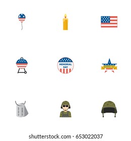 Flat American Banner, Usa Badge, Memorial Day And Other Vector Elements. Set Of Memorial Flat Symbols Also Includes Soldier, Headgear, Usa Objects.