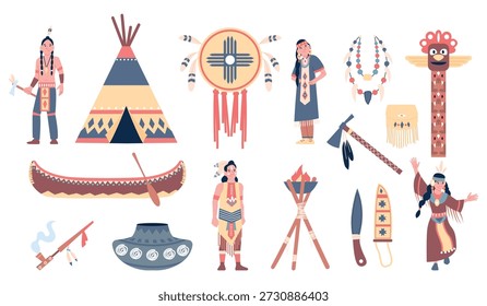 Flat american indian items. Traditional clothing elements, tribal accessories with feathers and beads. Ethnic household, tools of labor, wigwam and canoe, recent vector set