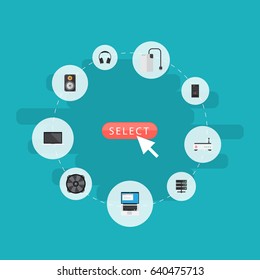 Flat Amplifier, Monitor, System Unit And Other Vector Elements. Set Of PC Flat Symbols Also Includes PC, Modem, Headphone Objects.