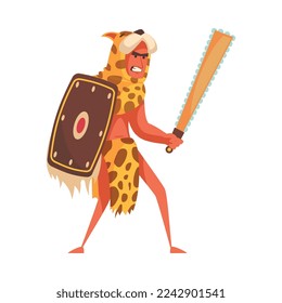 Flat ancient aztec warrior wearing animal skin with weapon and shield vector illustration