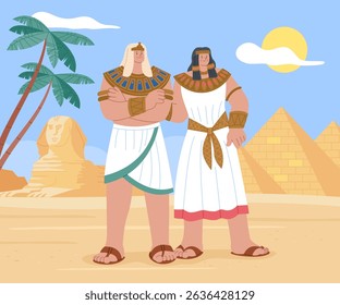 Flat Ancient Egypt Illustration with two men Pyramids and Sphinx