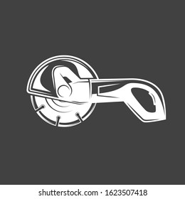 Flat angle grinder isolated on black background. Silhouette angle grinder vector symbol. Work tool for construction design