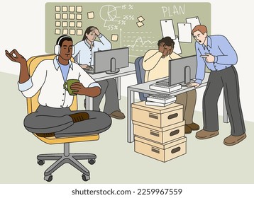 Flat angry boss standing over tired employees and yelling at workers. Tired characters feeling stress at work, man meditating in lotus pose and keep calm. Leader or colleague pressure office people.