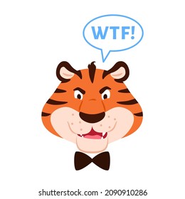 Flat angry roaring tiger muzzle with open mouth and fangs say WTF isolated on white background. Front view. Cute dissatisfied wild cat face. Animal character cartoon head vector illustration.