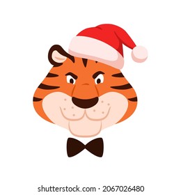 Flat angry tiger in Santa hat head isolated on white background. Cute dissatisfied wild cat face. Chinese symbol of New Year 2022. Christmas holiday color animal portrait character vector illustration