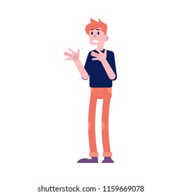 Flat angry young man manager or office worker dissatisfied and dont agree with decision. Concept of disputes, conflict and quarrel at job. Male unhappy and stressed character. Vector illustration