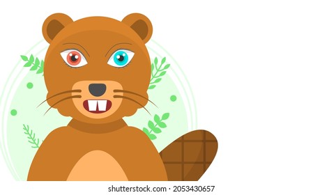 Flat Animal Beaver Smiling With Plants With Different Colors Eyes Disease Heterochromia Concept