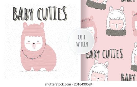 Flat animal  cute llama vector illustration.  pattern set