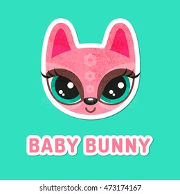 Flat animal face with grunge texture. Pink bunny girl - colorful childish illustration of snout with extremely big eyes. Stickers for children