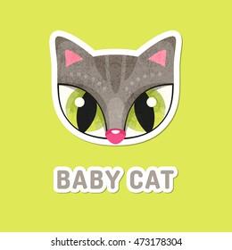Flat animal face with grunge texture. Grey baby cat - colorful childish illustration of snout with extremely big eyes. Stickers for children