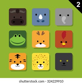 Flat Animal Faces Application Icon Cartoon Vector Set 2 (Forest)