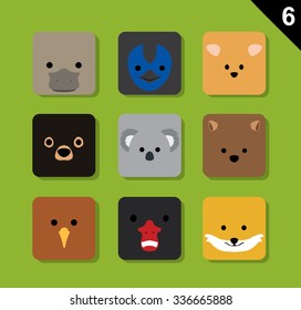 Flat Animal Faces Application Icon Cartoon Vector Set 6 (Australia)