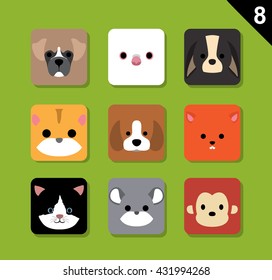 Flat Animal Faces Application Icon Cartoon Vector Set 8 (Pet)