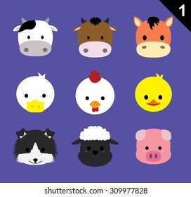 Flat Animal Faces Icon Cartoon Vector Set 1 (Farm Animals)