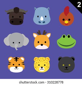 Flat Animal Faces Icon Cartoon Vector Set 2 (Forest)