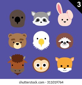 Flat Animal Faces Icon Cartoon Vector Set 3 (US)