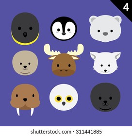 Flat Animal Faces Icon Cartoon Vector Set 4 (Arctic)