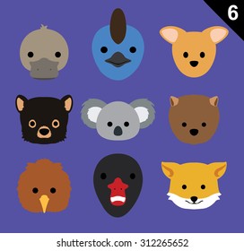 Flat Animal Faces Icon Cartoon Vector Set 6 (Australia)