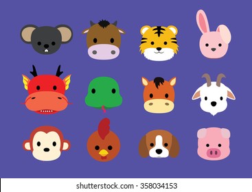 Flat Animal Faces Icon Cartoon (Chinese Zodiac)