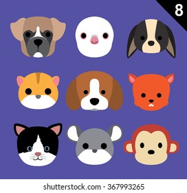 Flat Animal Faces Icon Cartoon Vector Set 8 (Pet)