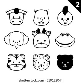 Flat Animal Faces Monochrome Icon Cartoon Vector Set 2 (Forest)