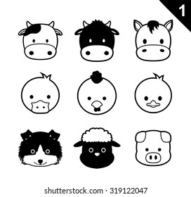 Flat Animal Faces Monochrome Icon Cartoon Vector Set 1 (Farm Animals)