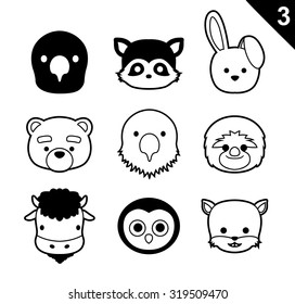 Flat Animal Faces Monochrome Icon Cartoon Vector Set 3 (US)