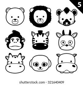 Flat Animal Faces Monochrome Icon Cartoon Vector Set 5 (Safari)