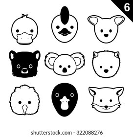 Flat Animal Faces Monochrome Icon Cartoon Vector Set 6 (Australia)