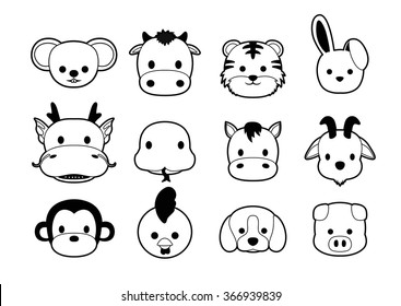 Flat Animal Faces Monochrome Icon Cartoon (Chinese Zodiac)