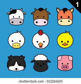 Flat Animal Faces Stroke Icon Cartoon Vector Set 1 (Farm Animals)