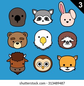 Flat Animal Faces Stroke Icon Cartoon Vector Set 3 (US)