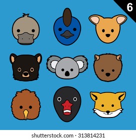 Flat Animal Faces Stroke Icon Cartoon Vector Set 6 (Australia)