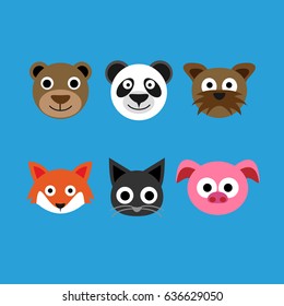 Flat animal heads set. Different animals like bear, panda bear, dog, fox, cat, and pig