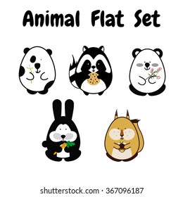 Flat animal stroke icon cute set. Black and white simple style. Cartoon element for design. Panda, bear, squirrel, bunny, raccoon