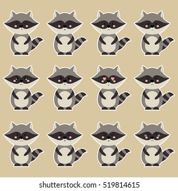 Flat animals emoji set vector. Set of cute raccoons on beige background.