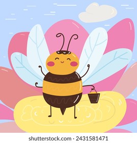 flat animals kawaii bee on the flower