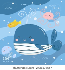 flat animals underwater life kawaii whale,fish,octopus,